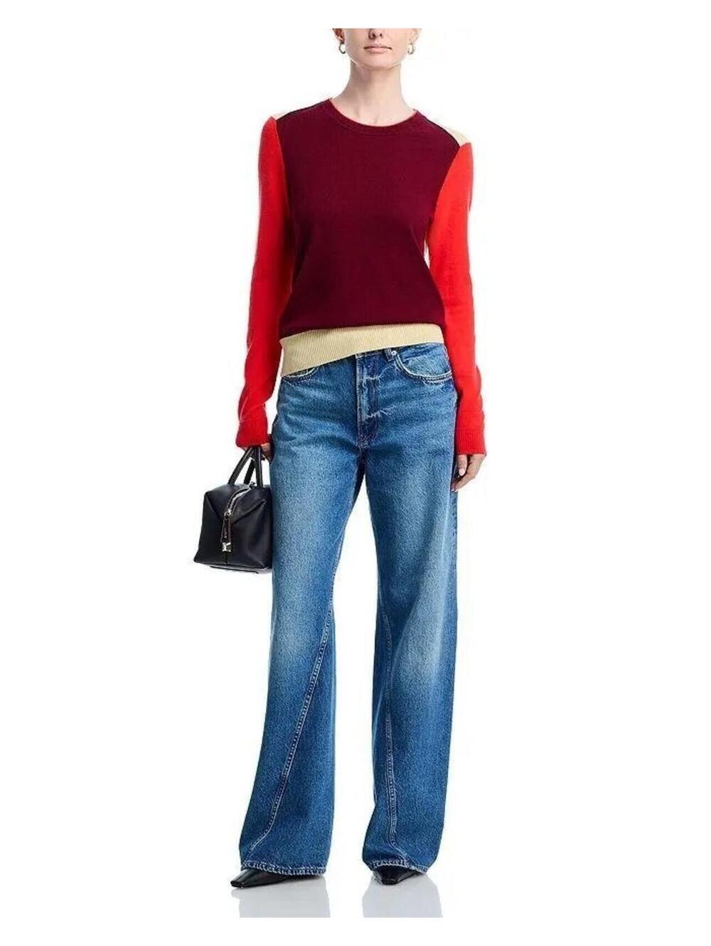 358$ Rag & Bone Taron Color Block Crew Neck Sweaters Women's Size L Burgundy - Picture 2 of 4